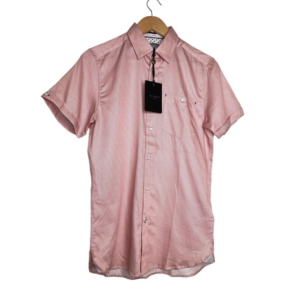 TED BAKER Men's Slim Fit GEO Print Short Sleeve Shirt Size 1 (XS) NWT Orange - Picture 2 of 10